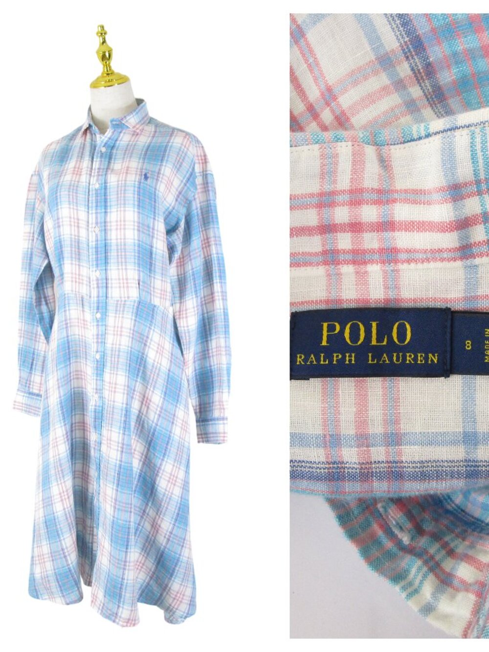 Polo Ralph Lauren Womens Blue Pink Plaid Linen Button Down Midi Shirt Dress 8